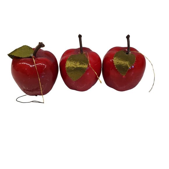 Vintage Red Apple Christmas Ornaments Light Weight Shiny Red Apples Green Silk - Picture 3 of 9